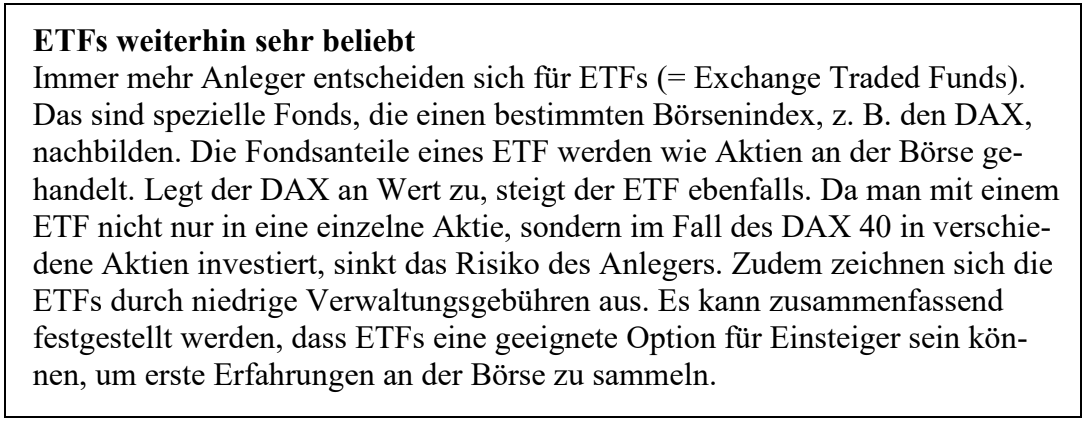 Artikel mit Überschrift 'ETFs weiterhin sehr beliebt' und kurzem Fließtext über ETFs, DAX und Vorteile.